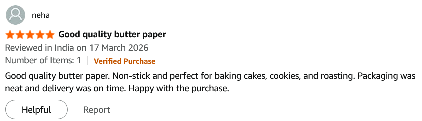 Amazon Review Buy RVI Food Grade Butter Papers Rolls (Pack of 2) Eco-Friendly Butter Paper for Baking Parchment Paper Butter Paper Roll for Roti Wrap & Food Wrap Non-Stick Baking Roasting Online 2